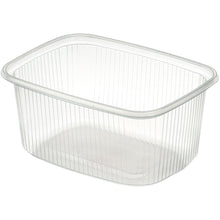 Um recipiente de alimentos retangular e transparente da Delipack, feito de PP pela Duni GmbH, com ranhuras verticais nas laterais e sem tampa, está ilustrado em um fundo branco.