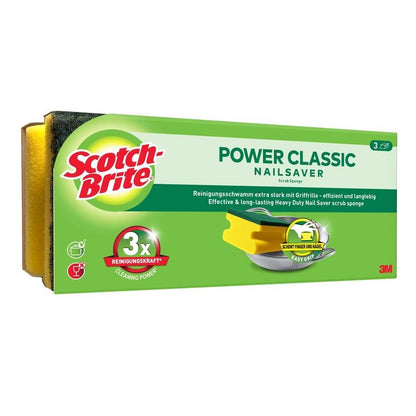 Uma caixa de esponja com cabo Scotch-Brite® Classic da 3M Deutschland GmbH, com esponjas verdes e amarelas com marca do produto e duas esponjas amarelas com superfícies de esfregar verdes para uma limpeza eficaz.