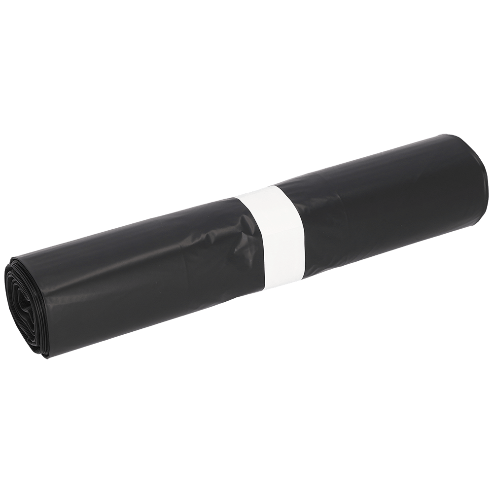 Um rolo de sacos de lixo DEISS 15707 (575x1000 mm, Tipo 60, preto, 25 unidades) da EMIL DEISS KG (GmbH + Co.), embrulhado em uma simples faixa de papel branco e exposto sobre um fundo branco.
