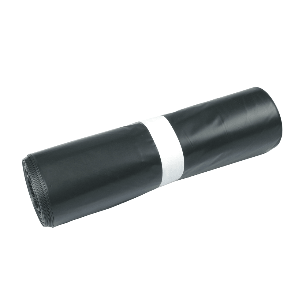 Um rolo de sacos de lixo DEISS 15710 (575x1000x0,08 mm, preto, 25 unidades) da EMIL DEISS KG está com uma faixa branca ao redor do meio em um fundo branco simples.