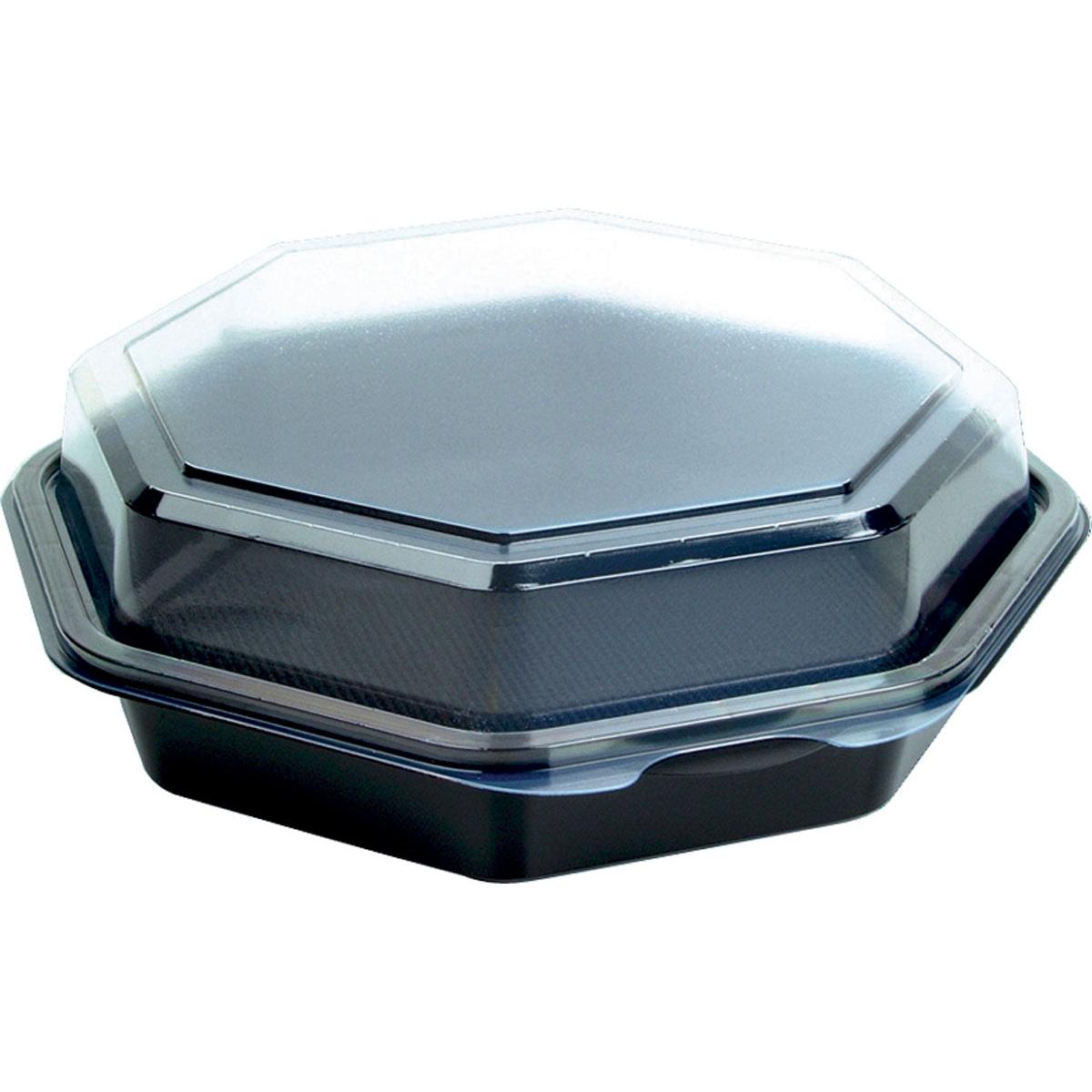 Um Octaview® fechado (Embalagem C&C com 127800) Preto/Transparente PS 190x190x60 Contentor para levar da Duni GmbH, ilustrado sobre fundo branco. Embalagem com 35 peças.
