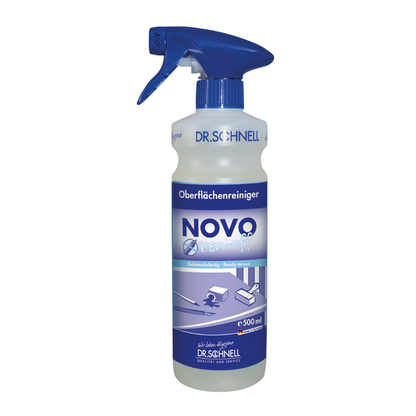 Uma garrafa de spray de plástico com a inscrição "Dr. Schnell NOVO PEN-OFF Limpeza Especial de Superfícies para Escritórios" da DR.SCHNELL GmbH & Co. KGaA, com um bico azul e um rótulo com instruções de limpeza e ilustrações de mesa, teclado e cadeira de escritório.