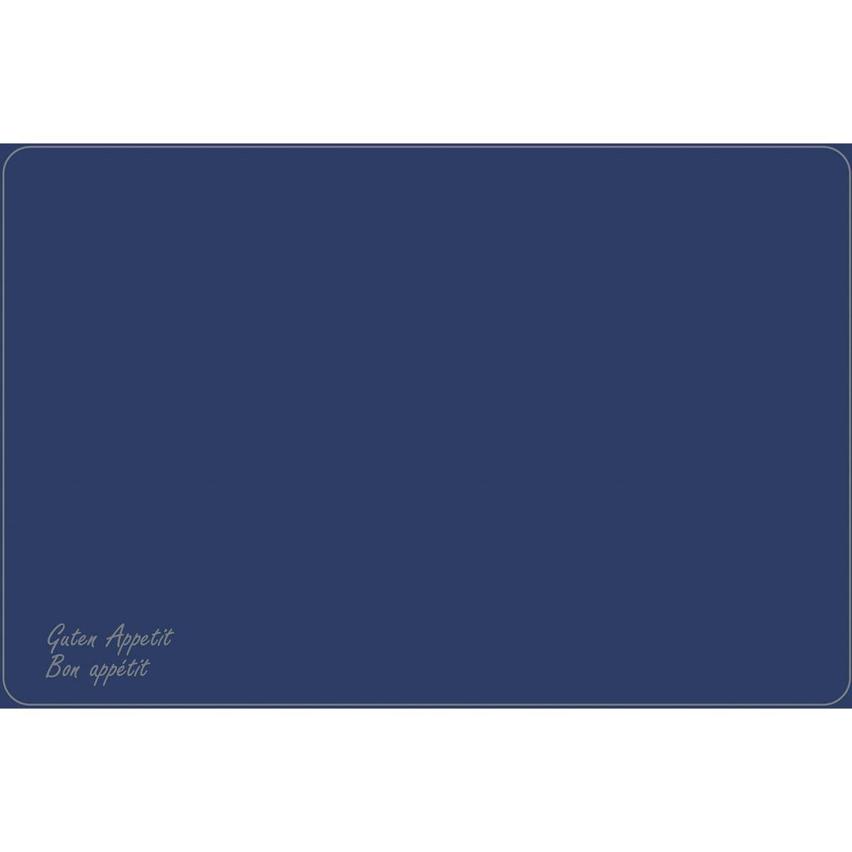 Ein rechteckiges 33 x 48 cm großes Dunicel-Tischsets der Duni GmbH in Dunkelblau, verziert mit weißen Umrandungen und "Guten Appetit" & "Bon appétit" in Schreibschrift in der Ecke. Ideal für elegante Tischsets von Vesca Norm.