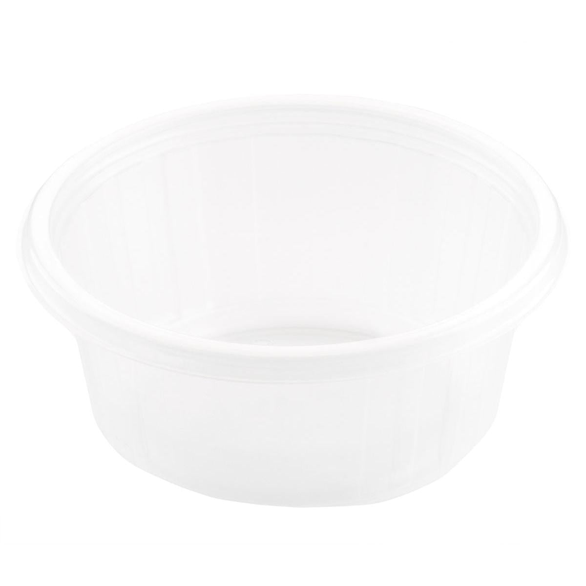 O recipiente Fixpack® redondo transparente PP da Duni GmbH é um recipiente vazio, redondo e claro com uma borda ligeiramente elevada, representado em vista superior inclinada sobre um fundo branco sólido.