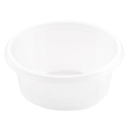 O recipiente Fixpack® redondo transparente PP da Duni GmbH é um recipiente vazio, redondo e claro com uma borda ligeiramente elevada, representado em vista superior inclinada sobre um fundo branco sólido.
