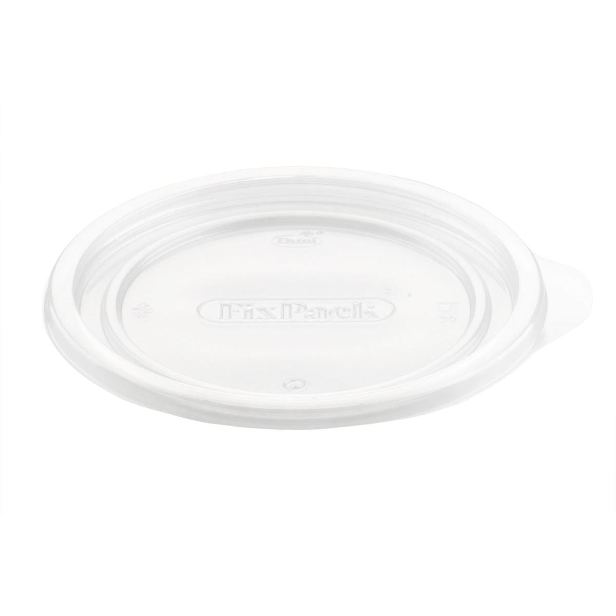 A tampa Duni GmbH para 159141 / 159142 é uma tampa redonda e transparente de polipropileno (112x112x6 mm) com aba lateral e gravação "FixPack" no meio, ilustrada sobre um fundo branco. Embalagem: 50 peças.