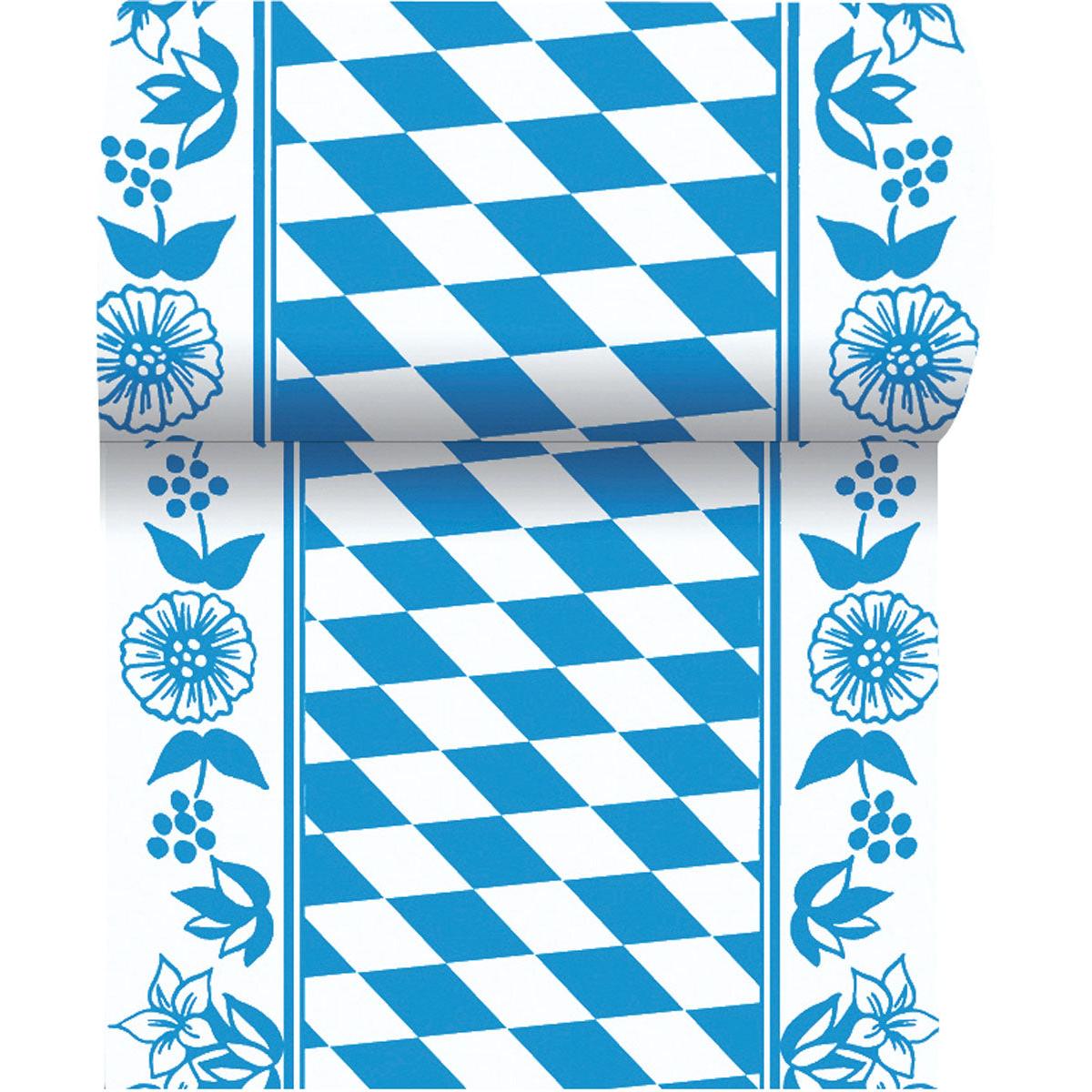 O corredor de mesa Dunicel 20 m x 15 cm da Duni GmbH tem um losango azul e branco no meio e flores azuis nas laterais - ideal para uma decoração de mesa elegante.