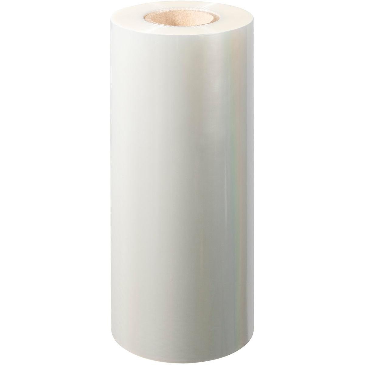 Um grande rolo em pé de Universalfolie sem Antifog universal da Duni GmbH com núcleo de papelão de plástico transparente, fotografado contra um fundo branco.