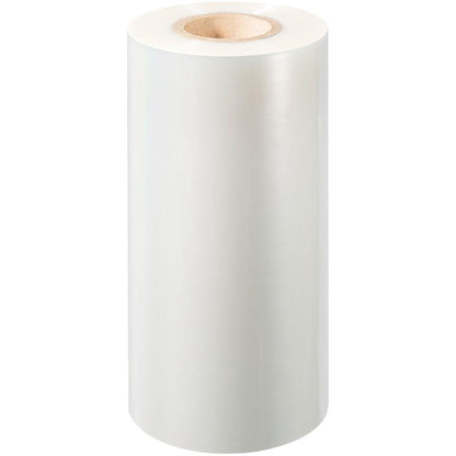 Um grande rolo em pé de Duni GmbH Universalfolie sem Antifog universal de filme plástico transparente com núcleo de papelão contra um fundo branco.