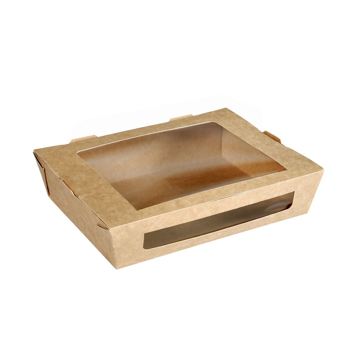 A caixa de menu com janela de PLA 1200 ml da Duni GmbH feita de cartão castanho (200x155x45 mm), fotografada vazia e parcialmente aberta em fundo branco - uma embalagem sustentável, ideal para armazenamento consciente do meio ambiente.