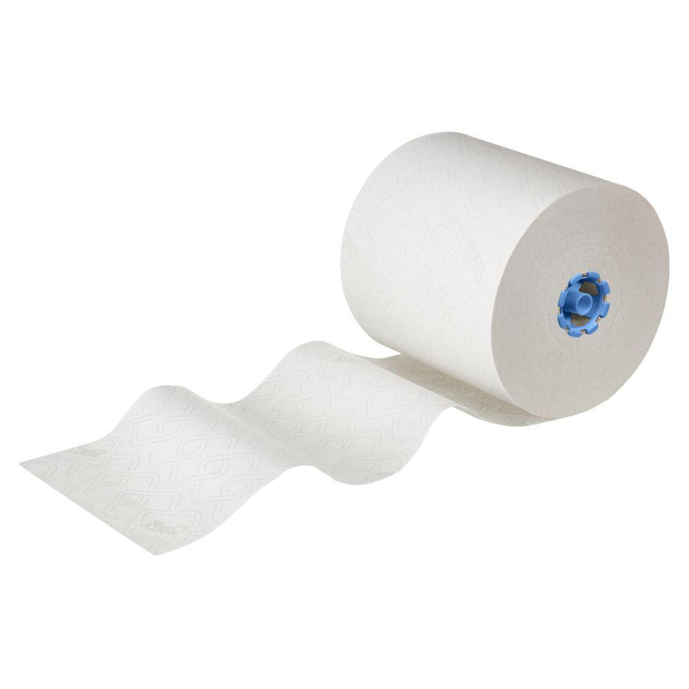 Um rolo parcialmente desenrolado de toalha de papel Scott® Essential™ 6638 de 1-camada da Kimberly-Clark GmbH, branco com núcleo azul e tecnologia Airflex, é mostrado contra um fundo branco sólido.
