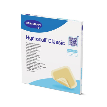 Uma caixa de Hartmann Hydrocoll Classic Curativo estéril, 15x15 cm, 5 curativos estéreis, selados individualmente pela Paul Hartmann AG. Suporta tratamento de feridas úmidas para granulação/epitelização; inclui embalagem multilíngue com imagem.