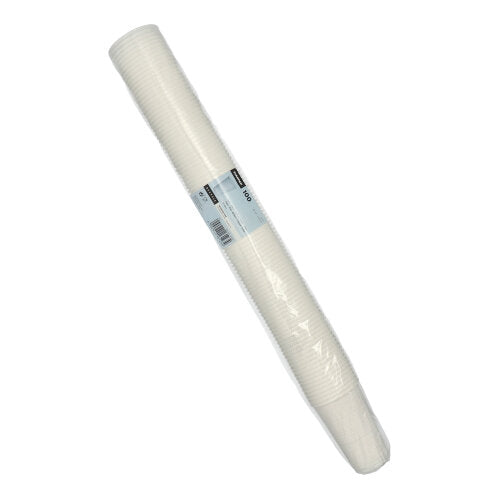 Um pacote selado de copos Starpak 100 de PP branco, envolto em filme plástico transparente com etiqueta de código de barras central – ideal para eventos.