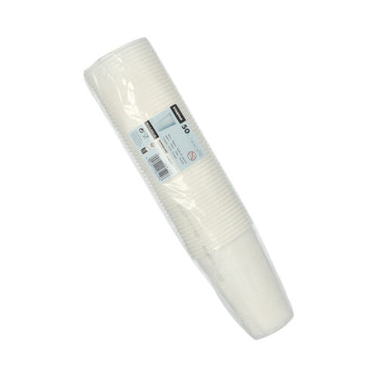 Uma pilha embalada em plástico com 50 copos Starpak PP brancos de 0,5L (Ø 9,5 cm · 13,7 cm) com borda de espuma e informações do produto em uma etiqueta retangular anexada à embalagem.