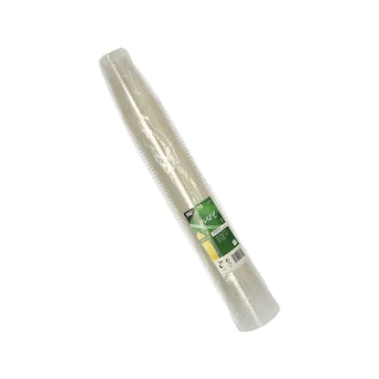 Um rolo transparente de película aderente em embalagem transparente com rótulo verde e branco, ilustrado sobre fundo branco. Perfeito para uso com o copo de bebida fria PAPSTAR 70, PLA "puro" claro como cristal com borda de espuma da PAPSTAR GmbH para armazenamento ecológico.