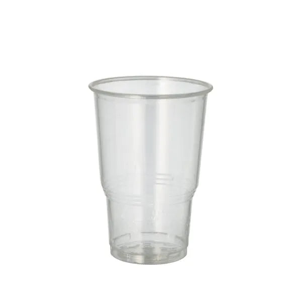 O copo de bebida fria PAPSTAR 70, PLA "puro" claro como cristal com borda de espuma da PAPSTAR GmbH, está ereto diante de um fundo branco e destaca seu design ecológico.