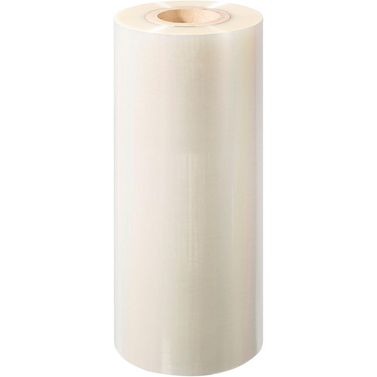 Eine große, aufrecht stehende Rolle Duni GmbH PET-Siegelfolie Antifog PET mit einem Pappkern wird vor einem weißen Hintergrund präsentiert.