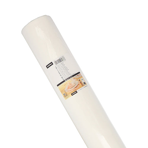 Um rolo branco de toalha de mesa Starpak, semelhante a tecido Airlaid 20m x 1,2m, retratado sobre um fundo de cor sólida. O rótulo do produto possui texto, código de barras e imagem de produtos de padaria, destacando o material Airlaid de alta qualidade para uso em mesas.