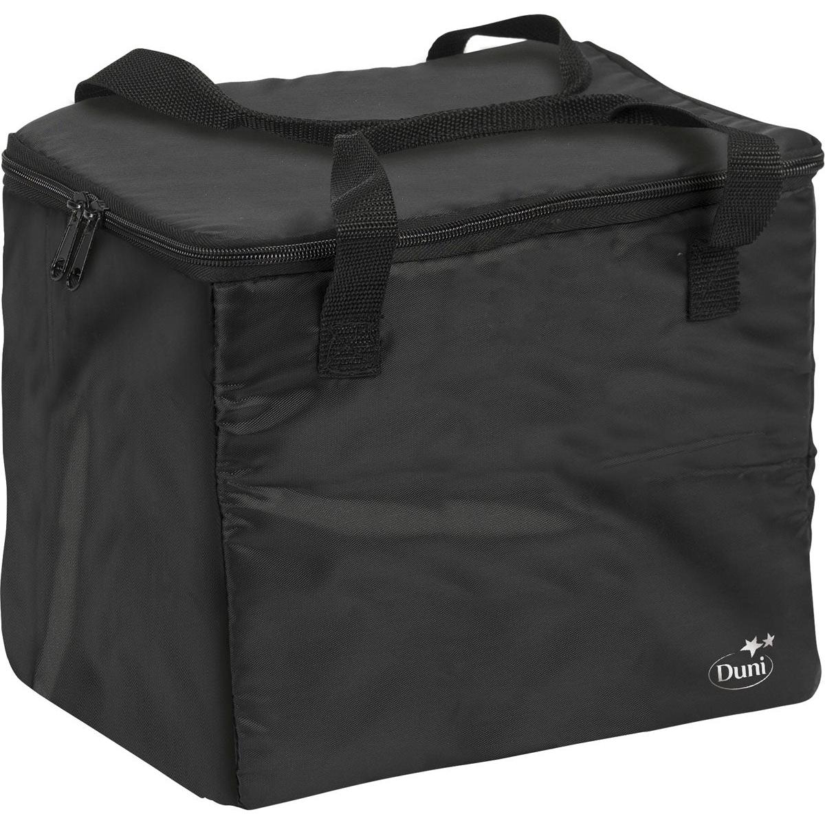 Uma bolsa térmica 1 Preto Nylon 275x200x240 da Duni GmbH com duas alças de transporte, um fecho de correr na parte superior e um logótipo Duni branco no canto inferior dianteiro. Embalagem (1 peça).