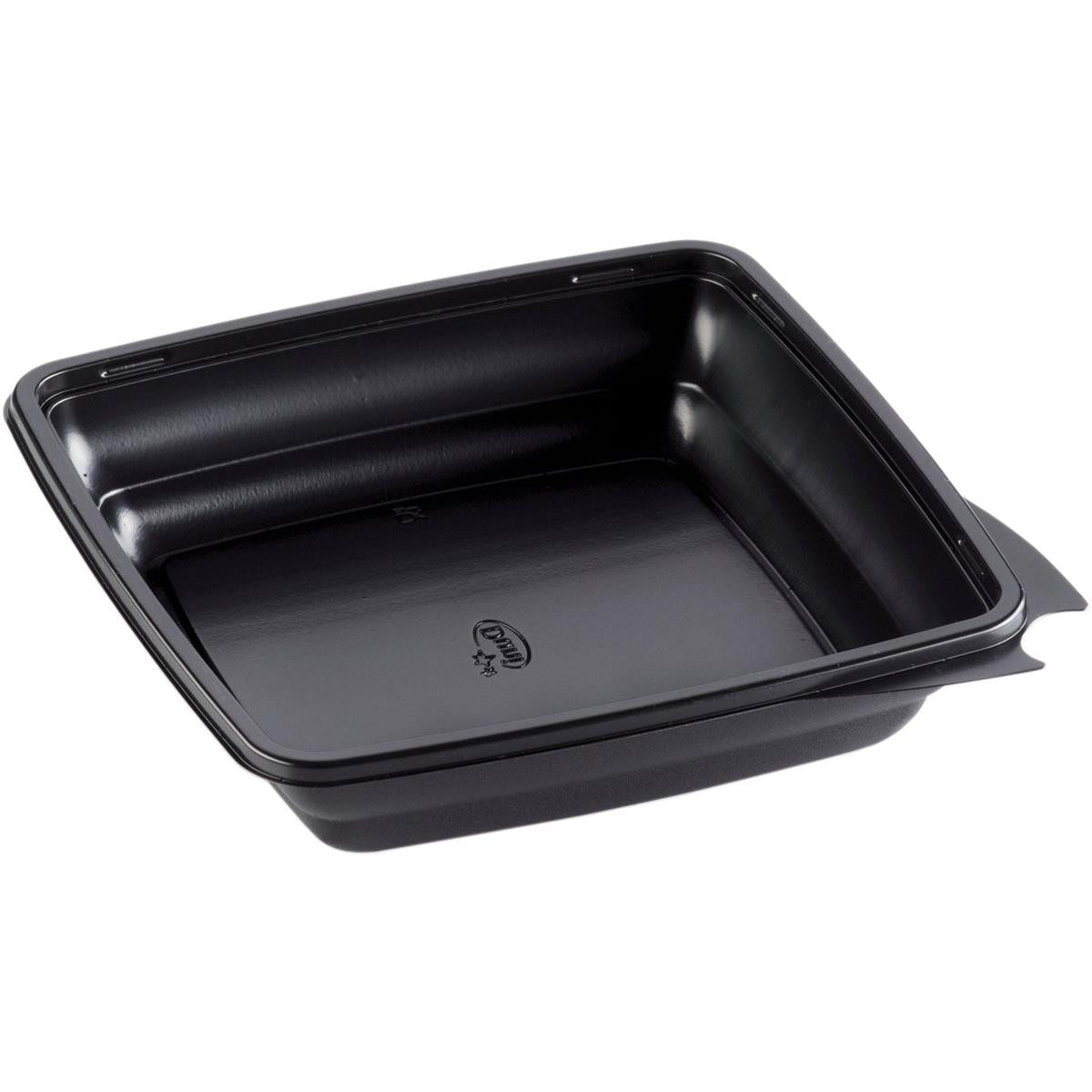 A Duni GmbH Menubox, quadrada, preta de PP (197x197x44 mm), embalagem com 450 peças, com cantos arredondados e borda ligeiramente elevada, é representada como uma bandeja de alimentos de plástico preto inclinada sobre um fundo branco.