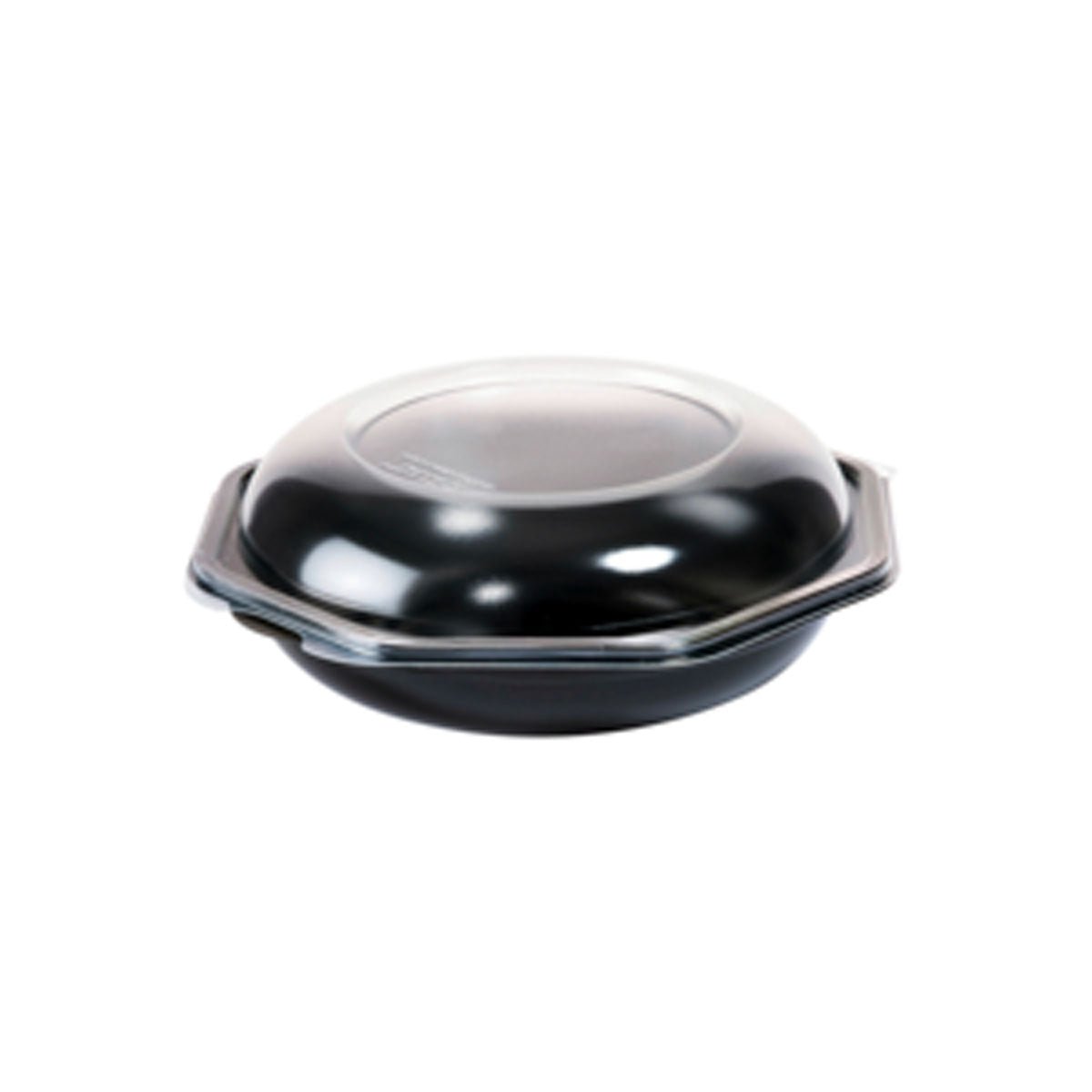 Um Octabowl® preto (Duni GmbH, embalagem C&C com 149865) recipiente para takeout em PS preto/transparente, 190x190x71mm, com tampa convexa e pequenas alças laterais - ideal para a gastronomia ou uso diário. Embalagem: 20 unidades. Representado em fundo branco.