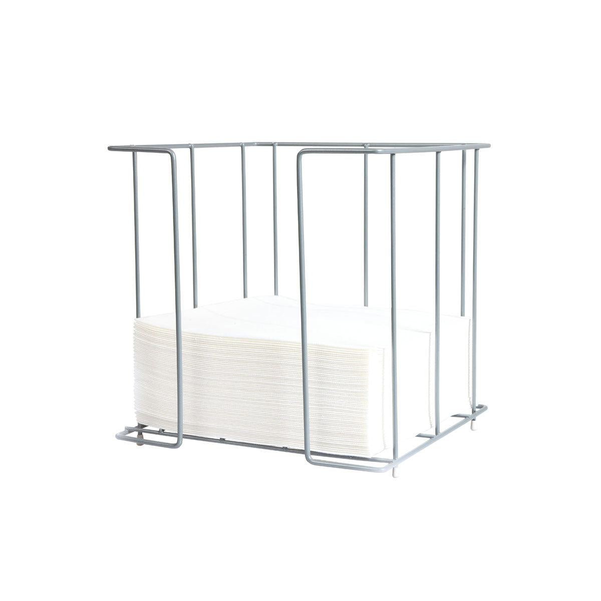 Uma pilha de guardanapos brancos com as dimensões de 33 x 33 cm encontra-se no distribuidor de guardanapos metálico da Duni GmbH, com 33 cm (1/4 de polegada) — um design elegante com uma estrutura em arame metálico cromado sobre um fundo branco simples.