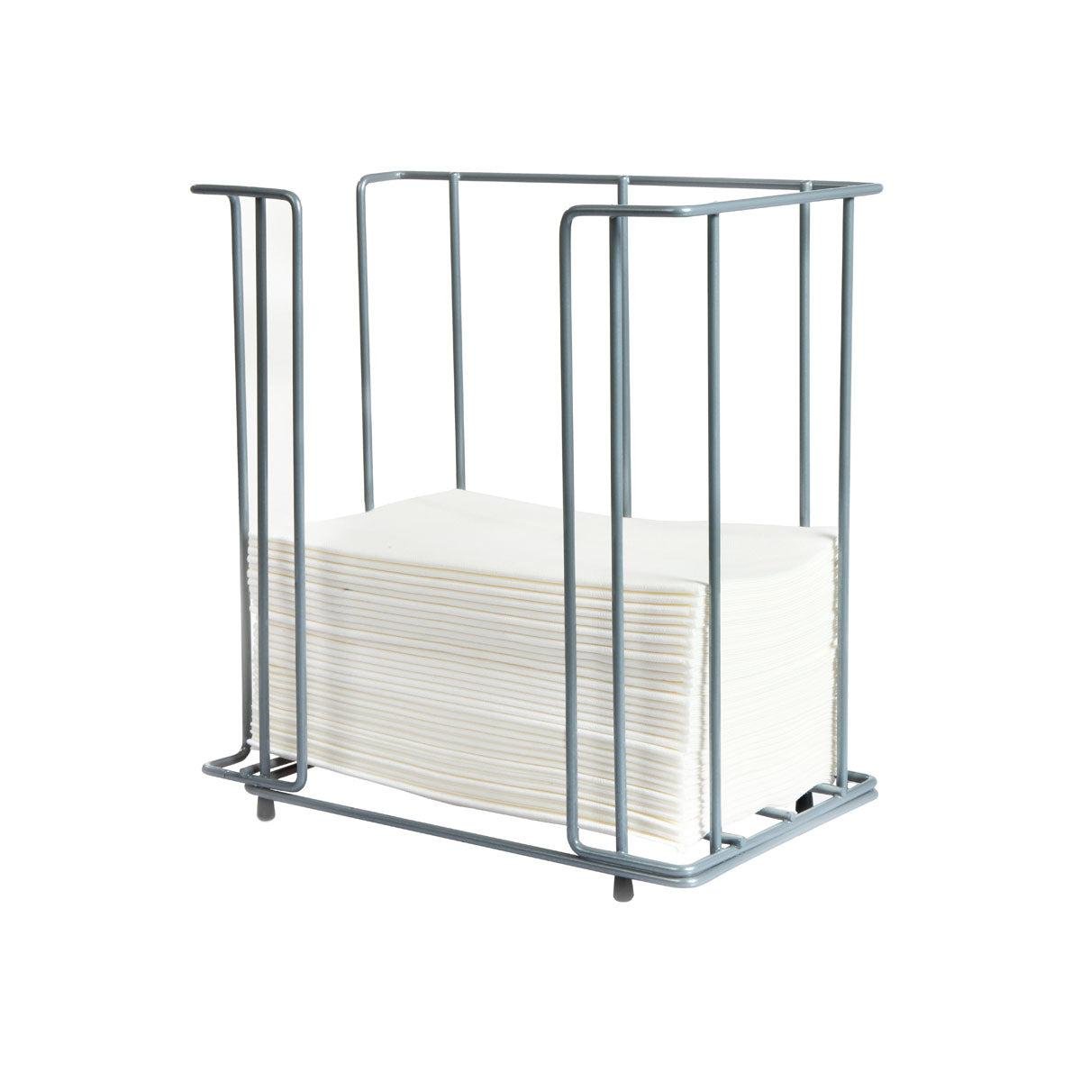 O dispensador de guardanapos de metal Duni GmbH 40 cm 1/8F, prático e elegante, comporta uma pilha de guardanapos brancos e retangulares e está equipado com uma moldura aberta, que é representada sobre um fundo branco.