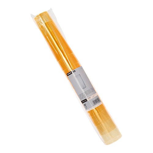 Um rolo de plástico transparente envolve dez copos de long drink Starpak (PS 0,3l, Ø5,85cm × 15,2cm) com um rótulo branco-cinza com o nome da marca Starpak, informações do produto e código de barras no meio.