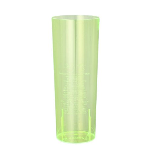 Um copo de long drink Starpak transparente, alto, cilíndrico e verde (0,3 l, Ø 5,85 cm - 15,2 cm) está em pé sobre um fundo branco com forma ligeiramente afunilada e escrita vertical branca fraca na lateral.