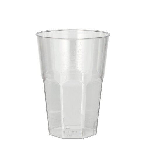Um copo transparente de plástico Starpak Latte Macchiato (0,3 l, 8 cm Ø, 11 cm de altura) com lados cônicos e fundo plano do conjunto de 30 copos Starpak, superfície cristalina, apresentado contra um fundo branco simples.