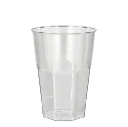 Um copo transparente de plástico Starpak Latte Macchiato (0,3 l, 8 cm Ø, 11 cm de altura) com lados cônicos e fundo plano do conjunto de 30 copos Starpak, superfície cristalina, apresentado contra um fundo branco simples.