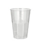 Um copo transparente de plástico Starpak Latte Macchiato (0,3 l, 8 cm Ø, 11 cm de altura) com lados cônicos e fundo plano do conjunto de 30 copos Starpak, superfície cristalina, apresentado contra um fundo branco simples.