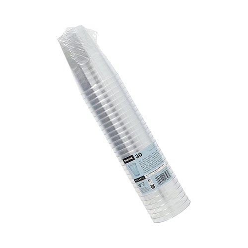 Uma pilha de 30 copos Starpak para Latte Macchiato, PS 0,3 l Ø 8 cm · 11 cm cristalino (30 peças) está embalada em filme retrátil e possui uma etiqueta de informações do produto na lateral.