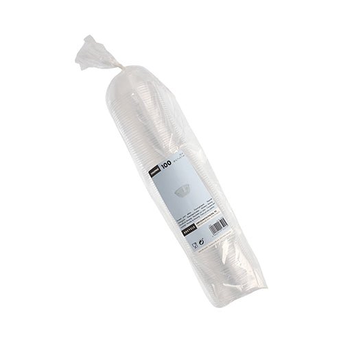 Uma embalagem plástica selada com 100 tigelas de molho Starpak transparentes, PS, redondas, 50 ml (Ø 6,7 cm x 2,7 cm), empilhadas com um rótulo branco e azul - ideal para uso na gastronomia ou como copo para molho.