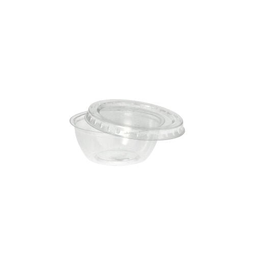 Uma tigela de molho Starpak PS redonda e clara de 50ml com tampa transparente (Ø 6,7cm, altura 2,7cm) está vazia diante de um fundo branco - ideal para a gastronomia, disponível em embalagens de 100 unidades.