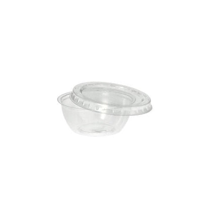 Uma tigela de molho Starpak PS redonda e clara de 50ml com tampa transparente (Ø 6,7cm, altura 2,7cm) está vazia diante de um fundo branco - ideal para a gastronomia, disponível em embalagens de 100 unidades.