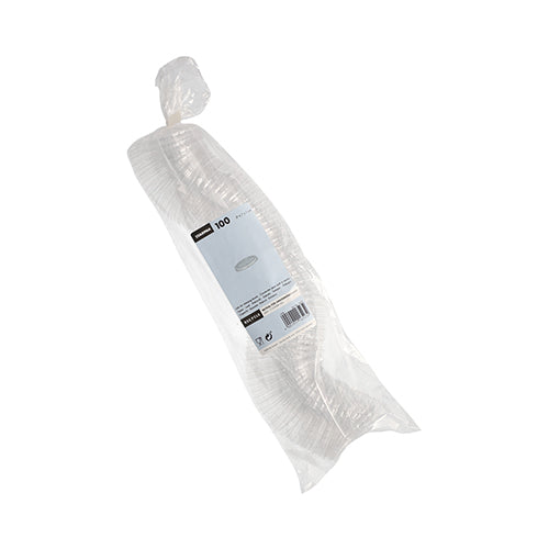 Um saco plástico transparente com 100 tampas redondas Starpak PS empilhadas (Ø 6,7 cm, 1 cm de altura), transparente, embalado em filme com etiqueta branca e informações do produto - ideal para embalagem de alimentos.