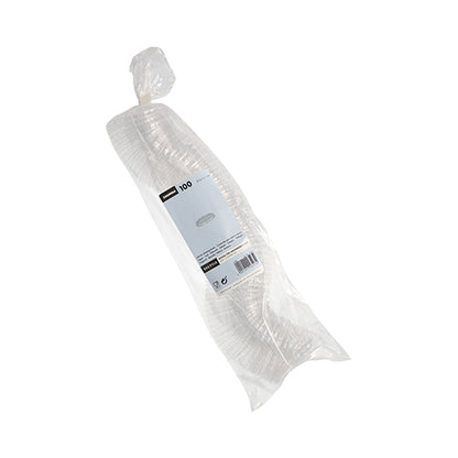 Um saco plástico transparente com 100 tampas redondas Starpak PS empilhadas (Ø 6,7 cm, 1 cm de altura), transparente, embalado em filme com etiqueta branca e informações do produto - ideal para embalagem de alimentos.