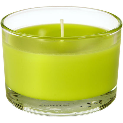 Um copo de vela verde Ibiza (aprox. 18h, 58x85mm) da Duni GmbH com um único pavio está sem uso em um recipiente de vidro transparente - ideal para iluminação ambiente e toques de estilo em qualquer ambiente.