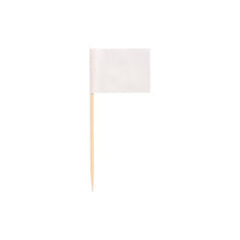 Uma pequena bandeira branca retangular simples da PAPSTAR GmbH – PAPSTAR 500 Deko-Picker 8 cm branco – é apresentada em um palito de madeira sobre um fundo branco e é ideal para apresentações elegantes.