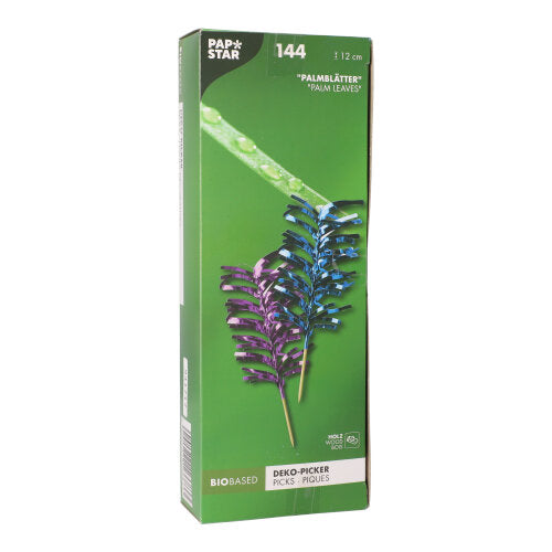 Uma caixa verde com a inscrição "PAPSTAR 144 Decorações sortidas" da PAPSTAR GmbH contém 144 palitos de madeira coloridos, ideais como mini-guardas decorativas para festas. A embalagem de base biológica é ecológica e elegante.
