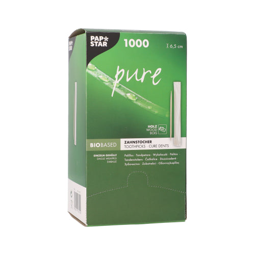 A caixa verde de palitos de dente PAPSTAR 'pure' contém 1000 palitos de dente de madeira redondos (6,5 cm), embalados higienicamente com informações do produto em várias línguas e uma imagem de um palito de dente na embalagem. Marca: PAPSTAR GmbH.