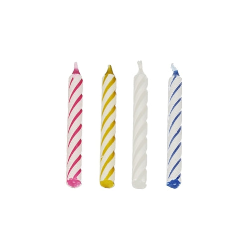 Quatro PAPSTAR velas de aniversário de 6 cm, sortidas por cores (Rosa, Amarelo, Branco, Azul), da PAPSTAR GmbH estão lado a lado sobre um fundo branco. As velas fazem parte de uma caixa dobrável com 144 peças.