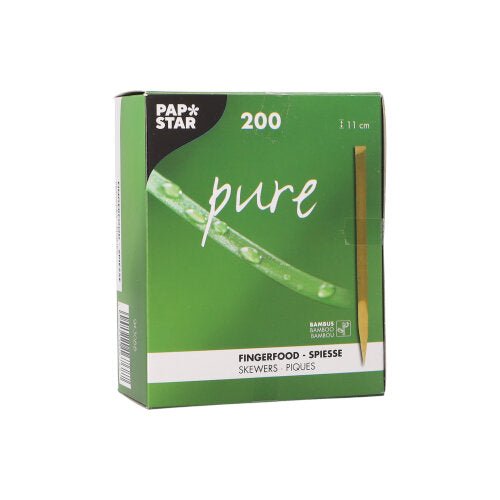 Uma caixa verde "PAPSTAR" contém 200 espetos de finger food (11 cm, madeira natural), ideal para festas. A frente mostra uma imagem de espeto e informações multilíngues. Marca: PAPSTAR GmbH.