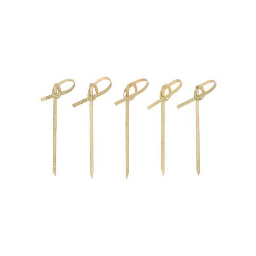 Cinco PAPSTAR 250 palitos para finger food - Picker "pure" da PAPSTAR GmbH, cada um com um laço decorativo na ponta, estão alinhados em frente a um fundo branco.