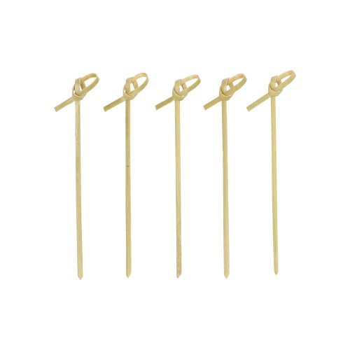 Cinco PAPSTAR 250 palitos para finger food - Picker "pure" de bambu da PAPSTAR GmbH com laço estão em pé alinhados em frente a um fundo branco - ecológicos, biodegradáveis e ideais para qualquer ocasião.
