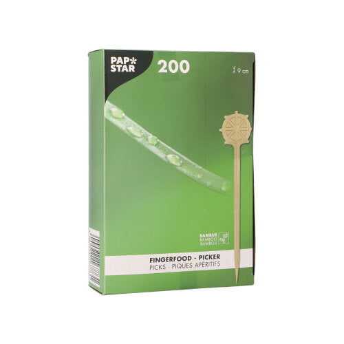 Uma caixa verde da PAPSTAR GmbH palitos de finger food "Volante" 9 cm (200 unidades) sobre bandeja de papelão é ilustrada com um palito e detalhes do produto na embalagem - perfeito para festas.