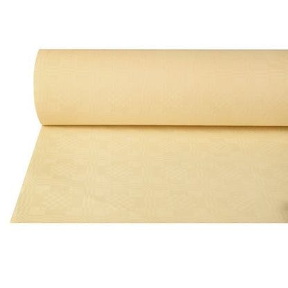 Sobre um fundo branco, há uma toalha de papel parcialmente desenrolada com estampagem de damasco (50 m x 1 m) da PAPSTAR GmbH em amarelo claro com uma discreta estampagem xadrez.
