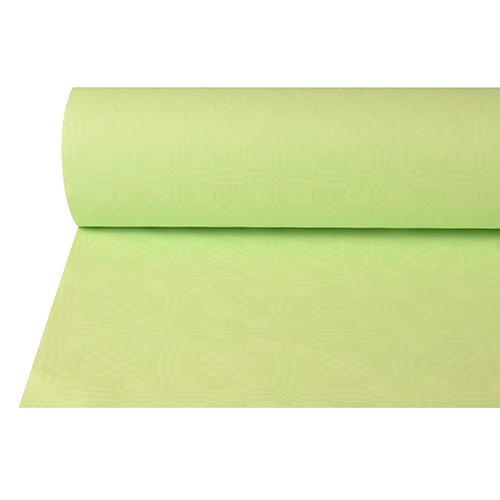 Uma toalha de papel PAPSTAR parcialmente desenrolada com relevo adamascado (50 m x 1 m, PAPSTAR GmbH) em verde claro mostra sua superfície lisa e discretamente estampada – ideal para ocasiões festivas. O fundo é branco.