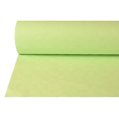 Uma toalha de papel PAPSTAR parcialmente desenrolada com relevo adamascado (50 m x 1 m, PAPSTAR GmbH) em verde claro mostra sua superfície lisa e discretamente estampada – ideal para ocasiões festivas. O fundo é branco.